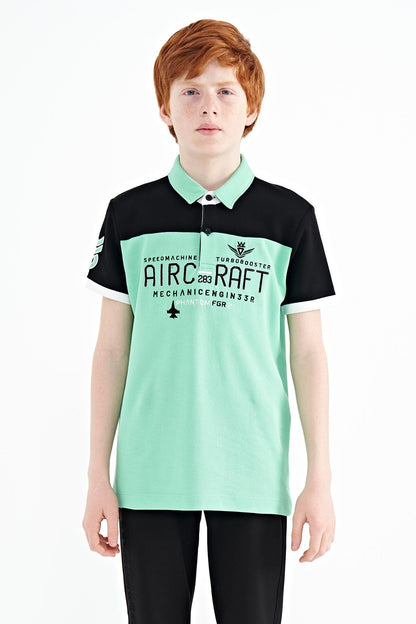 Forest Green Color Block Letter Embroidered Standard Fit Polo Collar Boys' T-Shirt - 11087