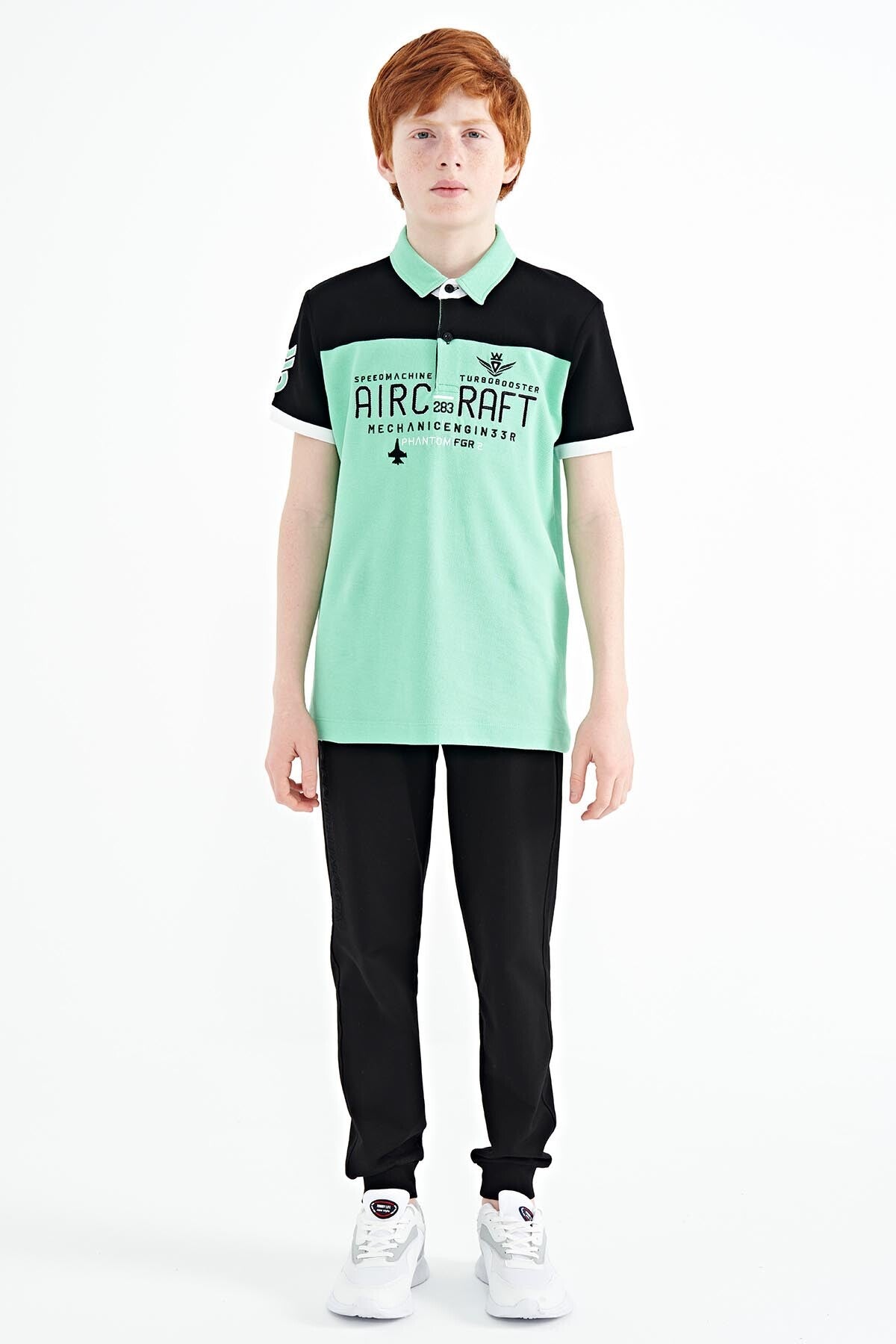 Forest Green Color Block Letter Embroidered Standard Fit Polo Collar Boys' T-Shirt - 11087