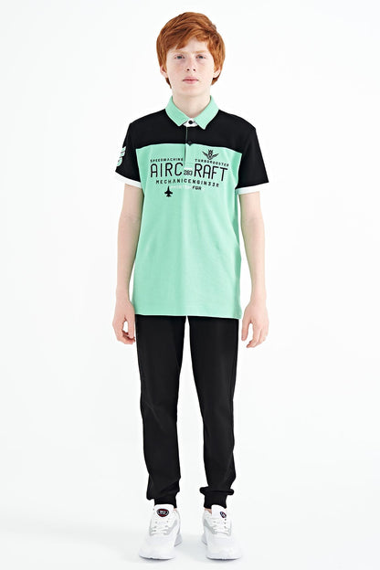 Forest Green Color Block Letter Embroidered Standard Fit Polo Collar Boys' T-Shirt - 11087