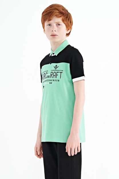 Forest Green Color Block Letter Embroidered Standard Fit Polo Collar Boys' T-Shirt - 11087