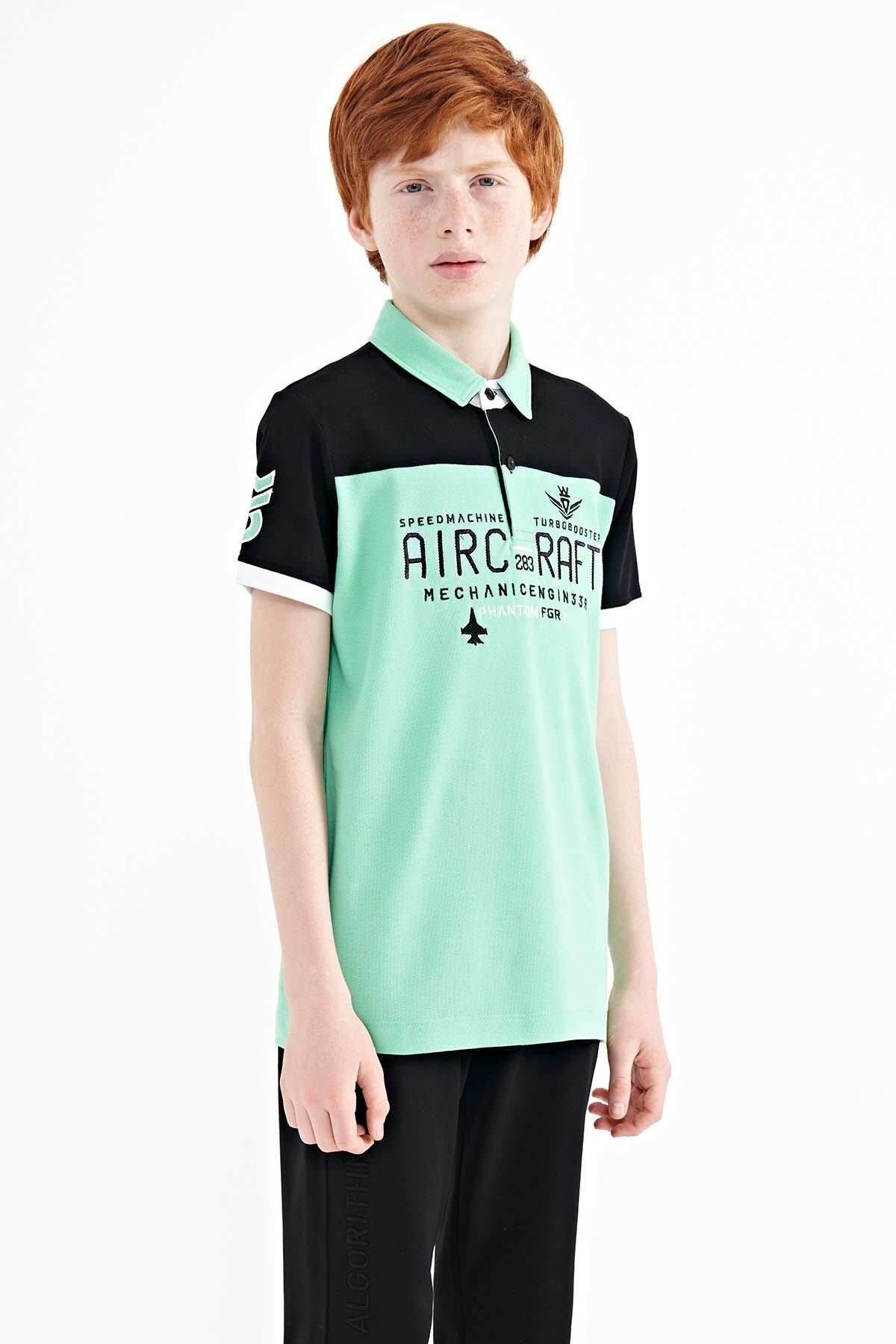Forest Green Color Block Letter Embroidered Standard Fit Polo Collar Boys' T-Shirt - 11087