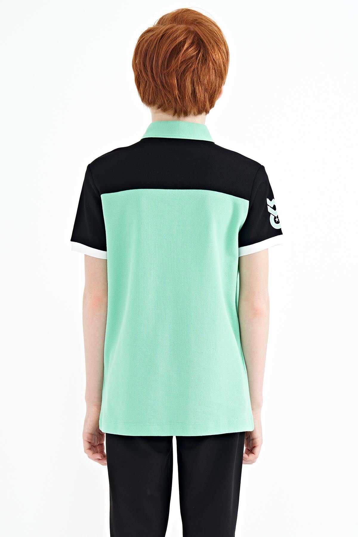 Forest Green Color Block Letter Embroidered Standard Fit Polo Collar Boys' T-Shirt - 11087