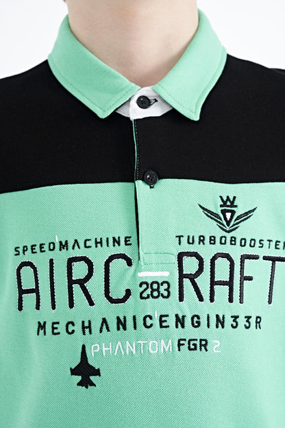 Forest Green Color Block Letter Embroidered Standard Fit Polo Collar Boys' T-Shirt - 11087