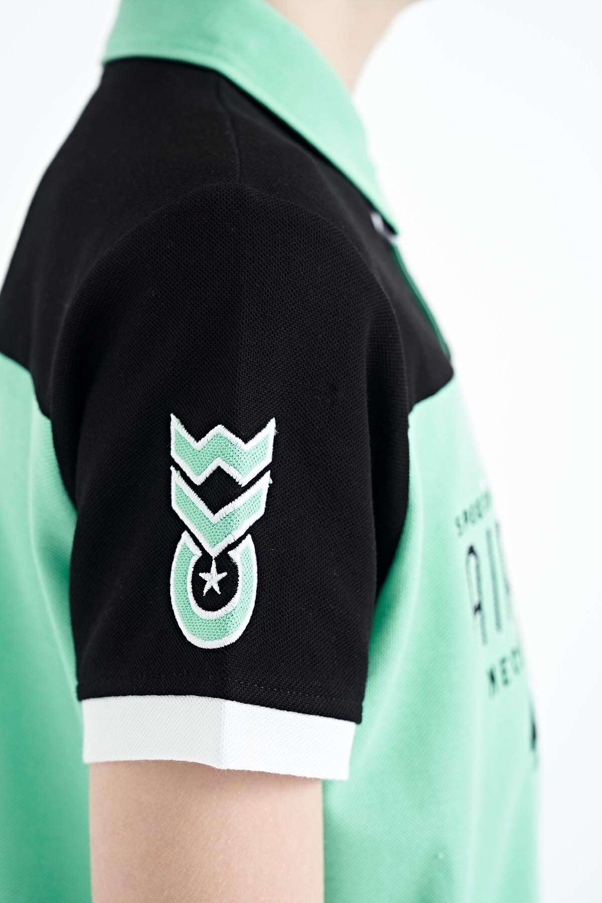 Forest Green Color Block Letter Embroidered Standard Fit Polo Collar Boys' T-Shirt - 11087
