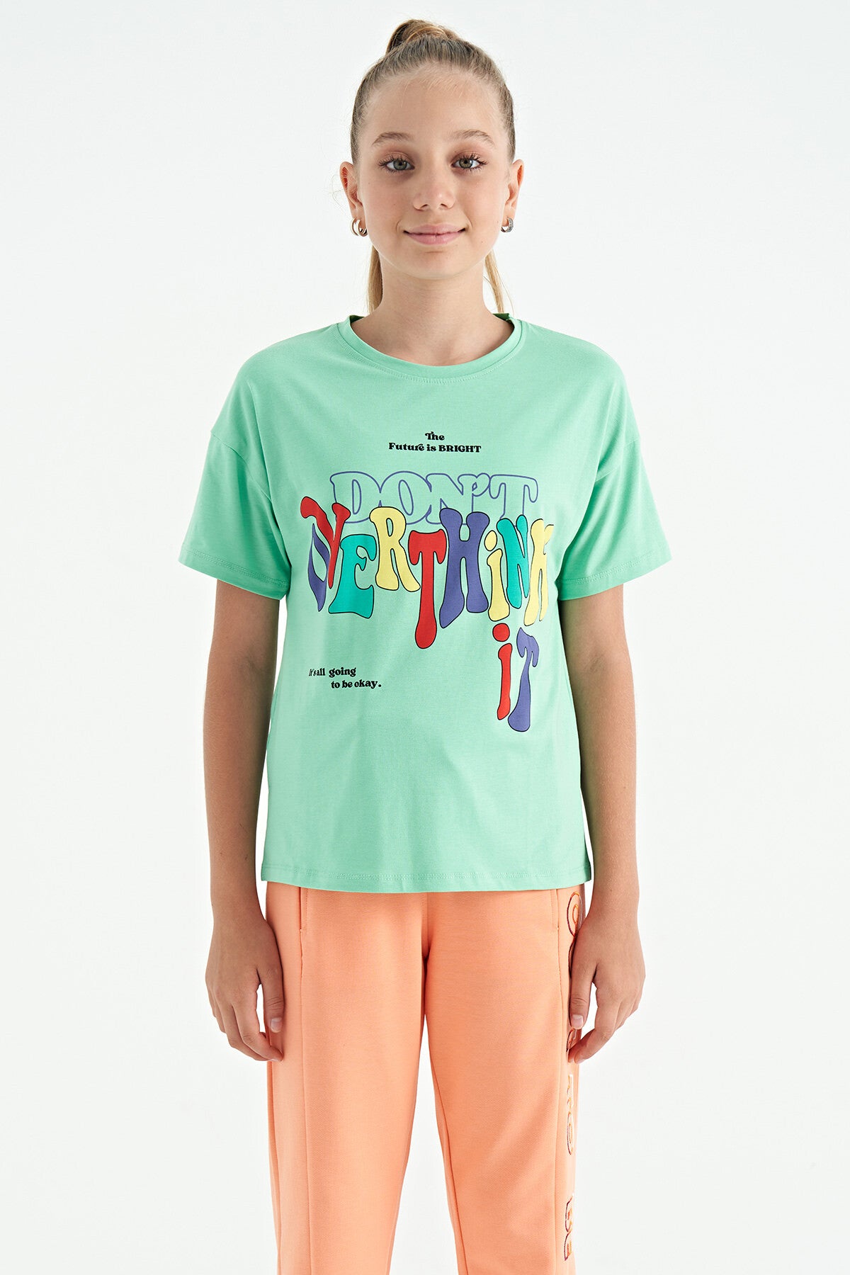 Printed O Collar Oversize Short Sleeve Girls T-Shirt - 75112