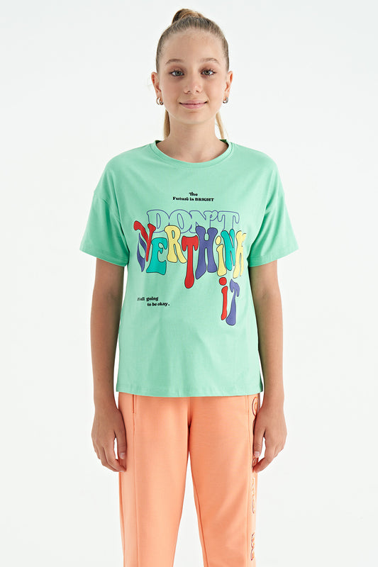 Printed O Collar Oversize Short Sleeve Girls T-Shirt - 75112