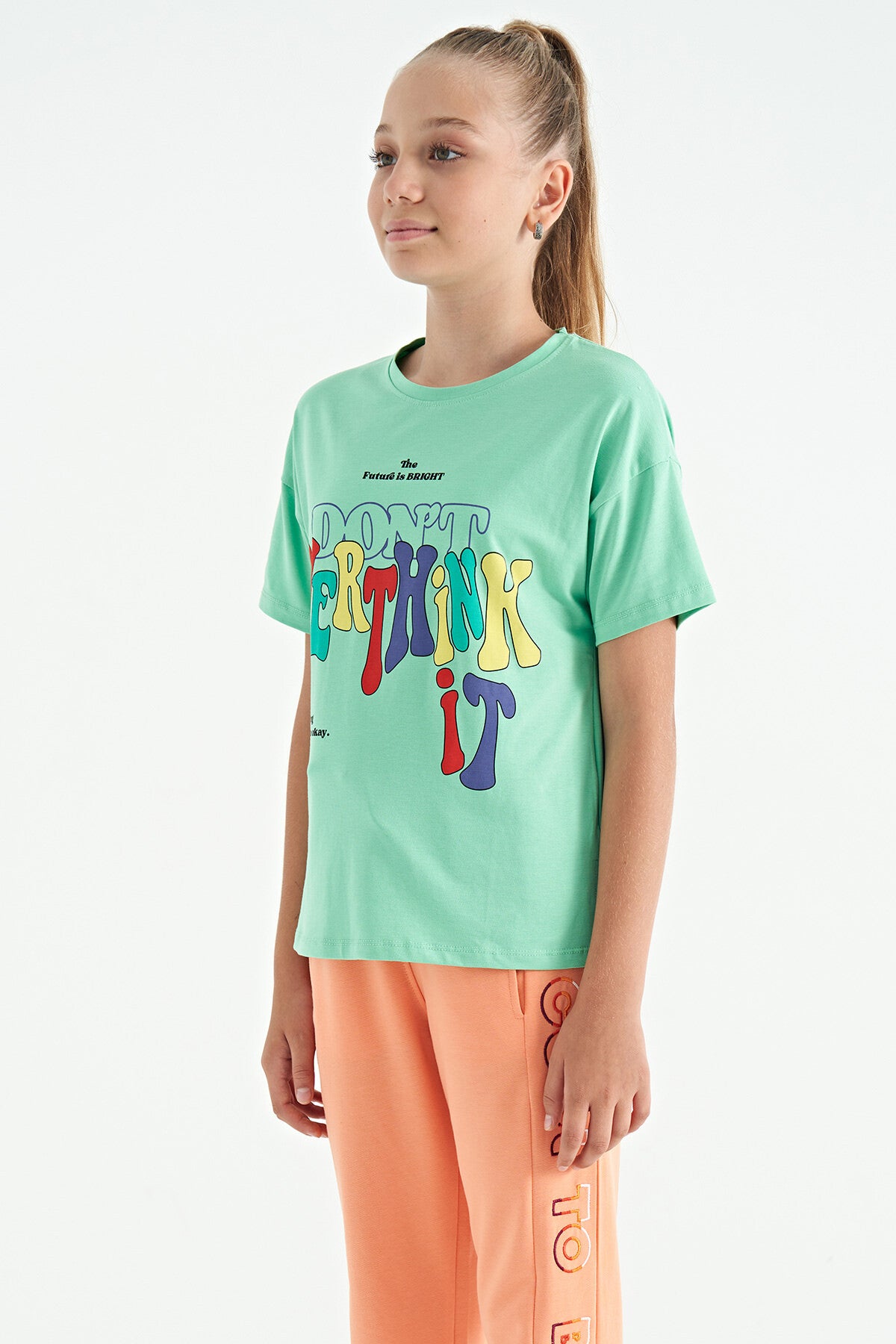 Printed O Collar Oversize Short Sleeve Girls T-Shirt - 75112