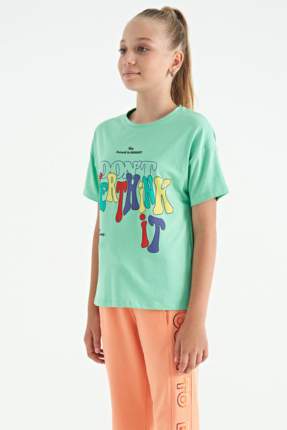 Printed O Collar Oversize Short Sleeve Girls T-Shirt - 75112