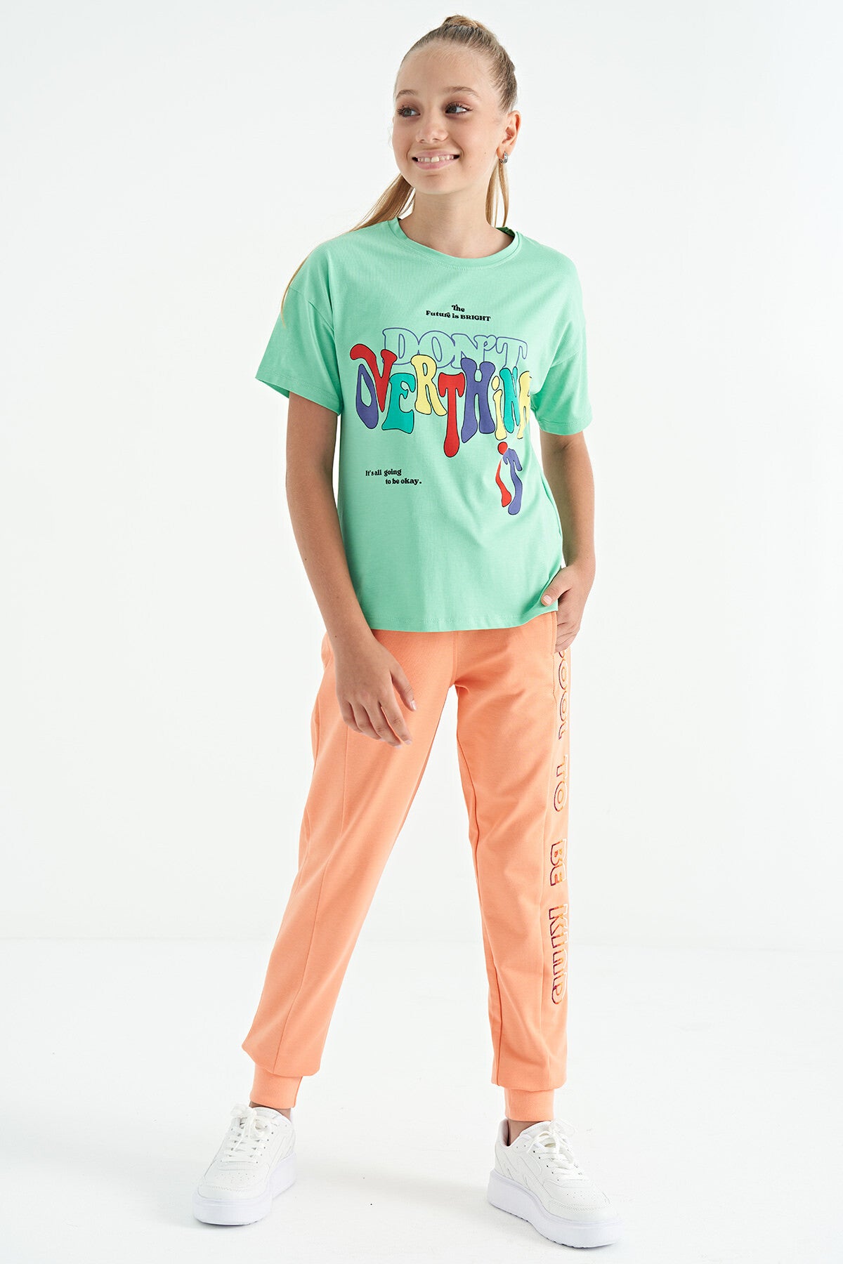 Printed O Collar Oversize Short Sleeve Girls T-Shirt - 75112