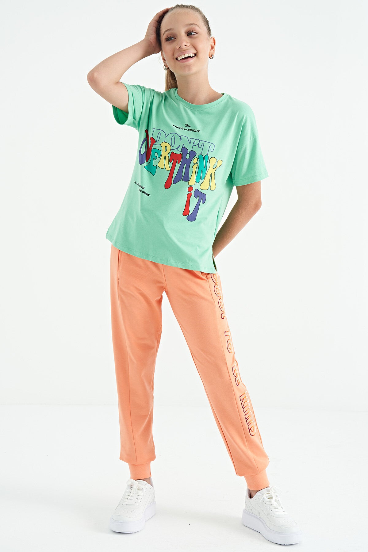 Printed O Collar Oversize Short Sleeve Girls T-Shirt - 75112