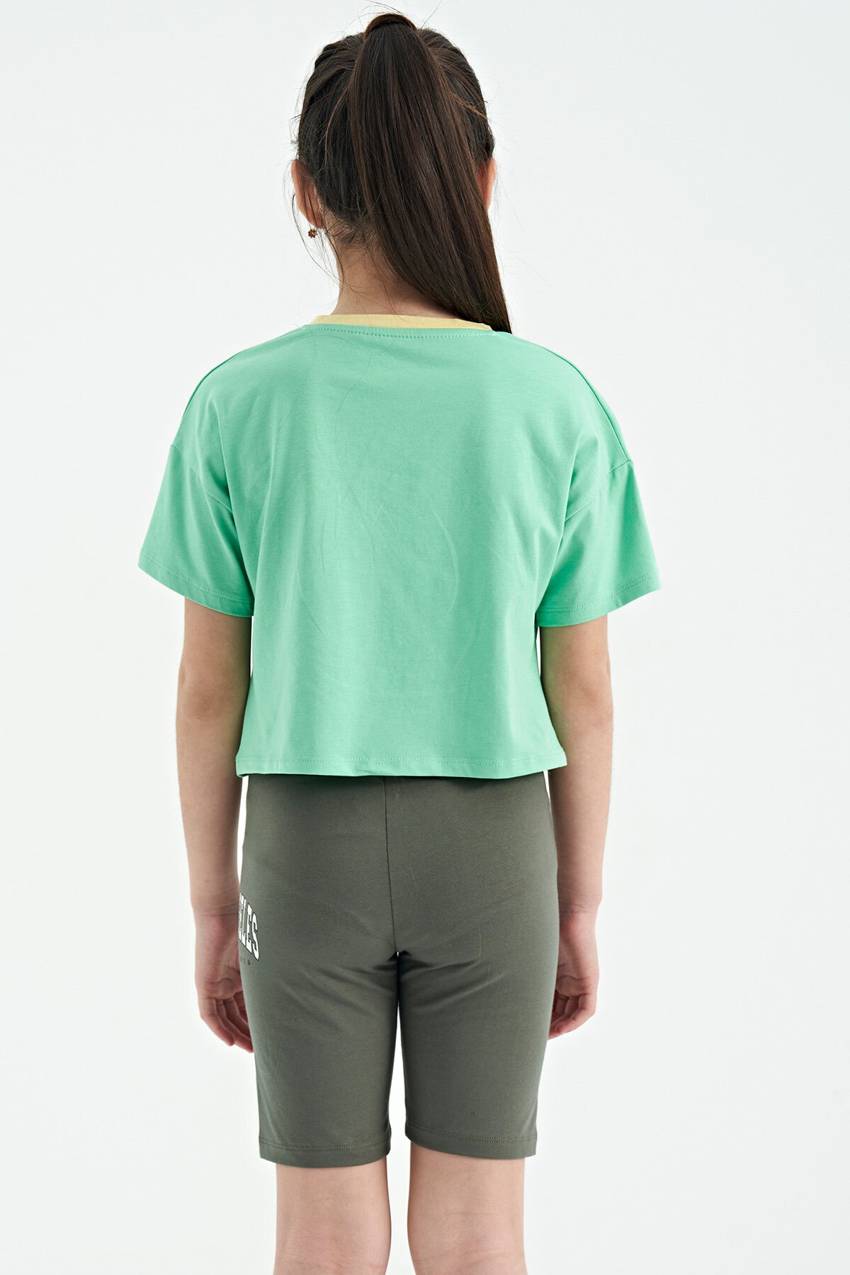Mint Green Color Print O Collar Oversize Short Sleeve Girls' T-Shirt - 75111