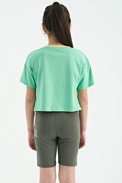 Mint Green Color Print O Collar Oversize Short Sleeve Girls' T-Shirt - 75111