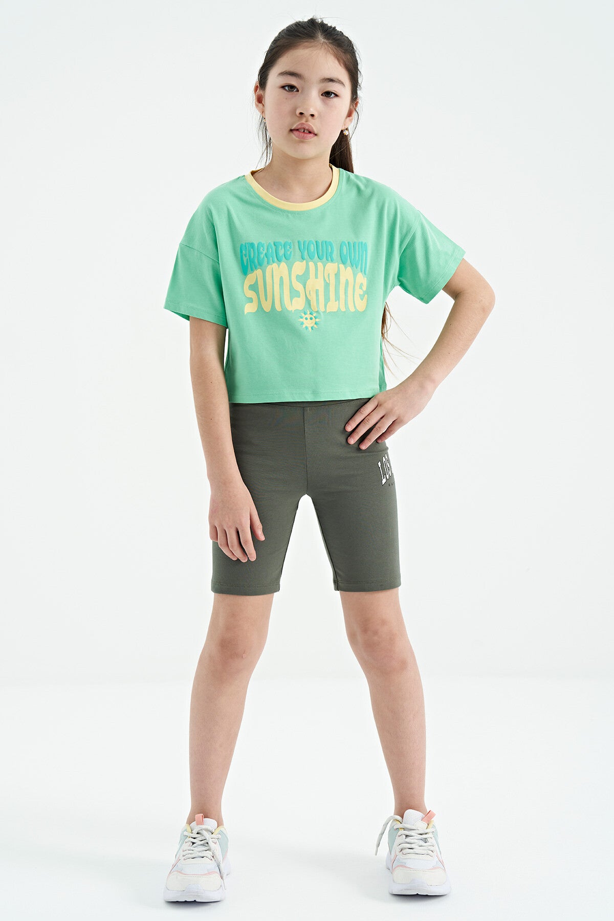 Mint Green Color Print O Collar Oversize Short Sleeve Girls' T-Shirt - 75111