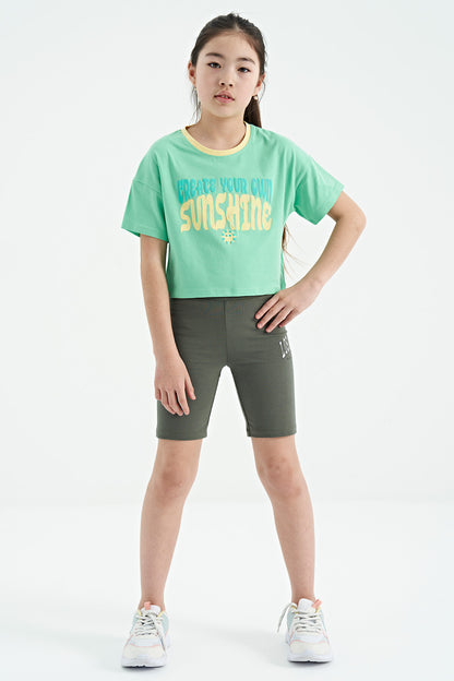 Mint Green Color Print O Collar Oversize Short Sleeve Girls' T-Shirt - 75111