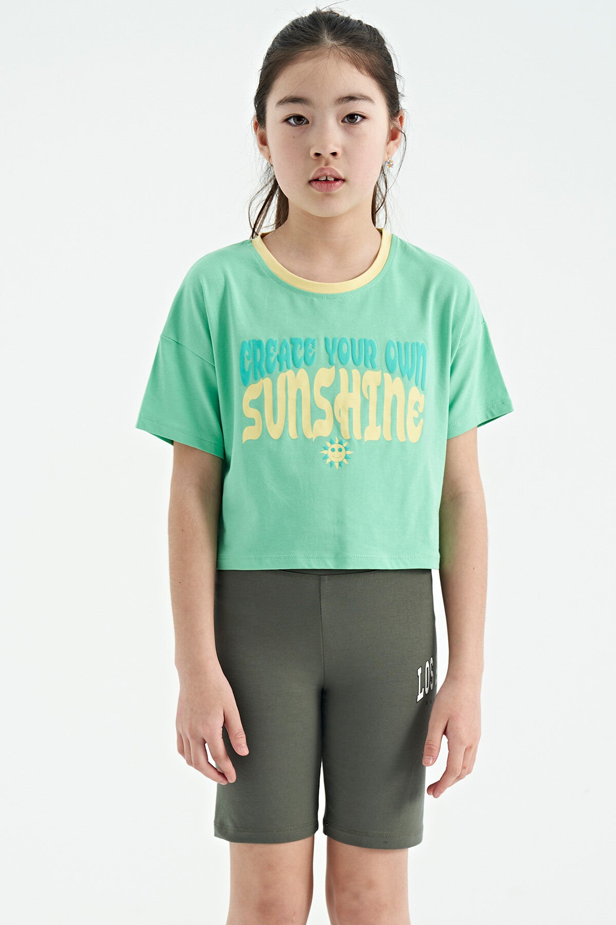 Mint Green Color Print O Collar Oversize Short Sleeve Girls' T-Shirt - 75111
