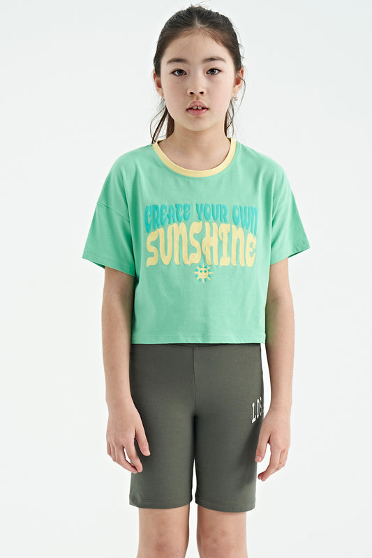 Mint Green Color Print O Collar Oversize Short Sleeve Girls' T-Shirt - 75111