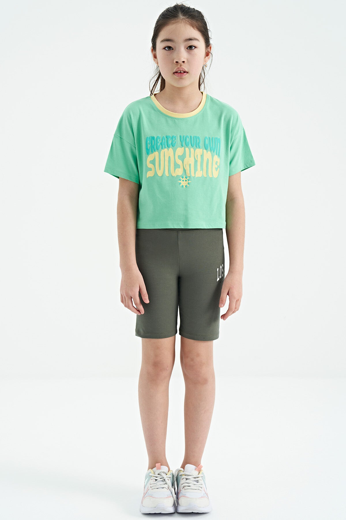 Mint Green Color Print O Collar Oversize Short Sleeve Girls' T-Shirt - 75111