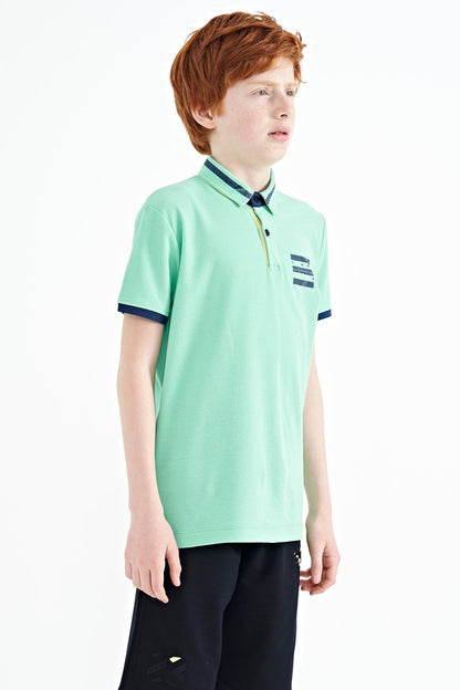 Olive Green Collar Color Block Print Detailed Standard Fit Boys' T-Shirt - 11111