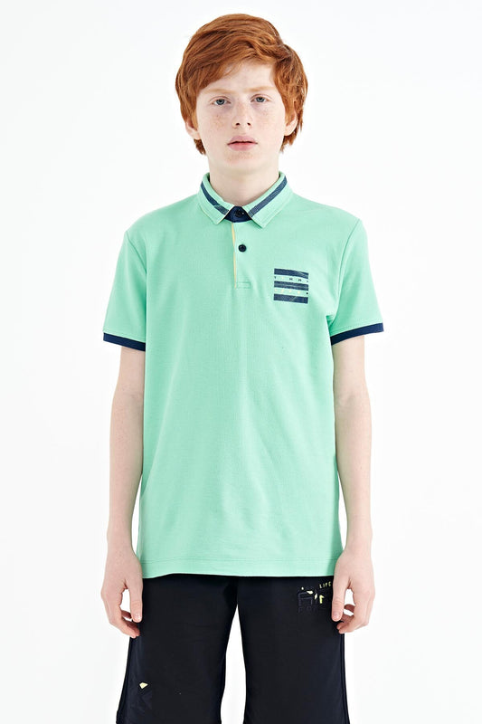 Olive Green Collar Color Block Print Detailed Standard Fit Boys' T-Shirt - 11111