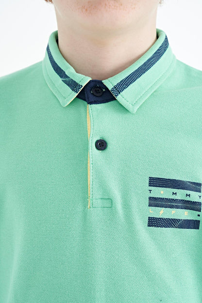Olive Green Collar Color Block Print Detailed Standard Fit Boys' T-Shirt - 11111
