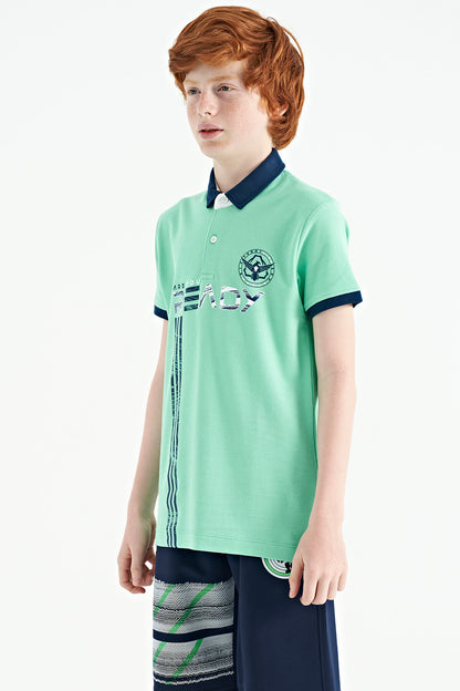 Olive Green Printed Pattern Standard Fit Polo Collar Boys T-Shirt - 11143