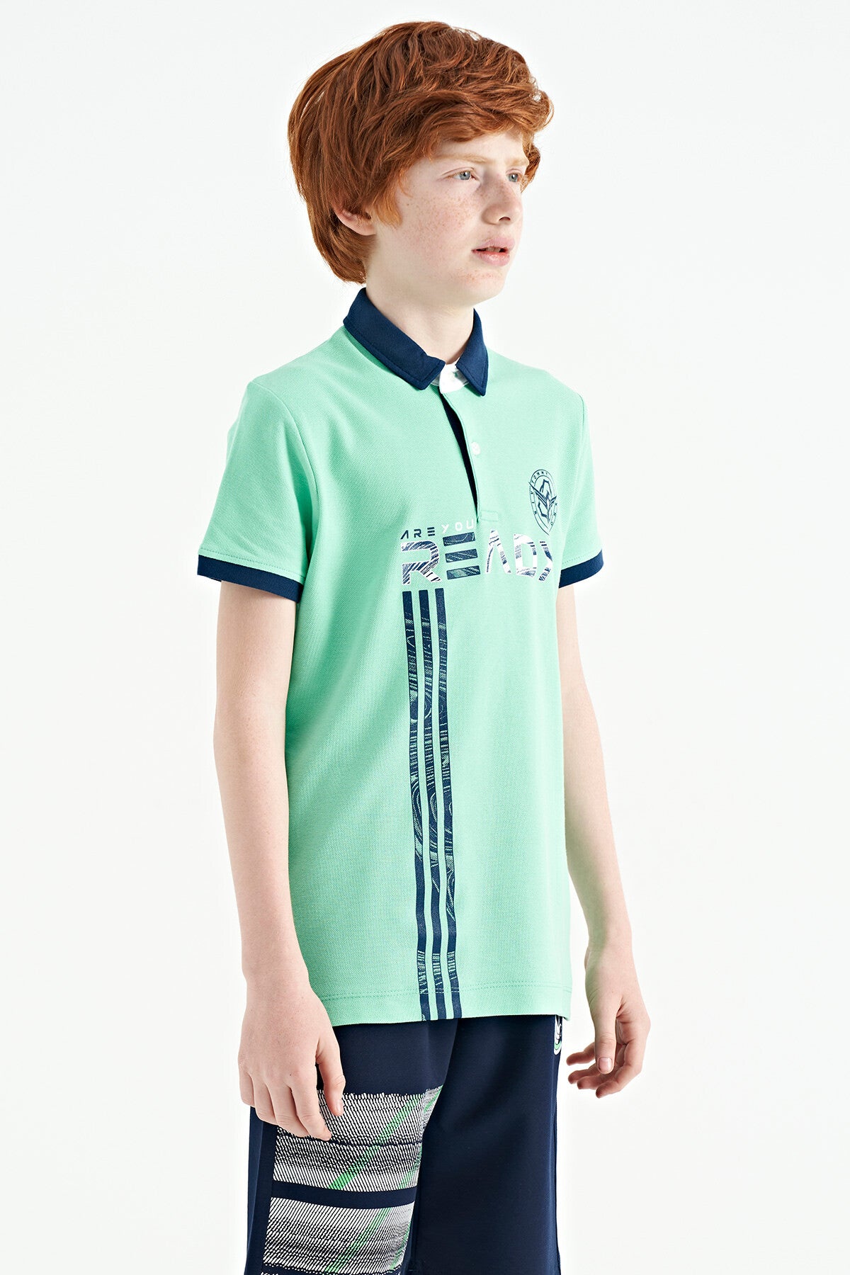 Olive Green Printed Pattern Standard Fit Polo Collar Boys T-Shirt - 11143