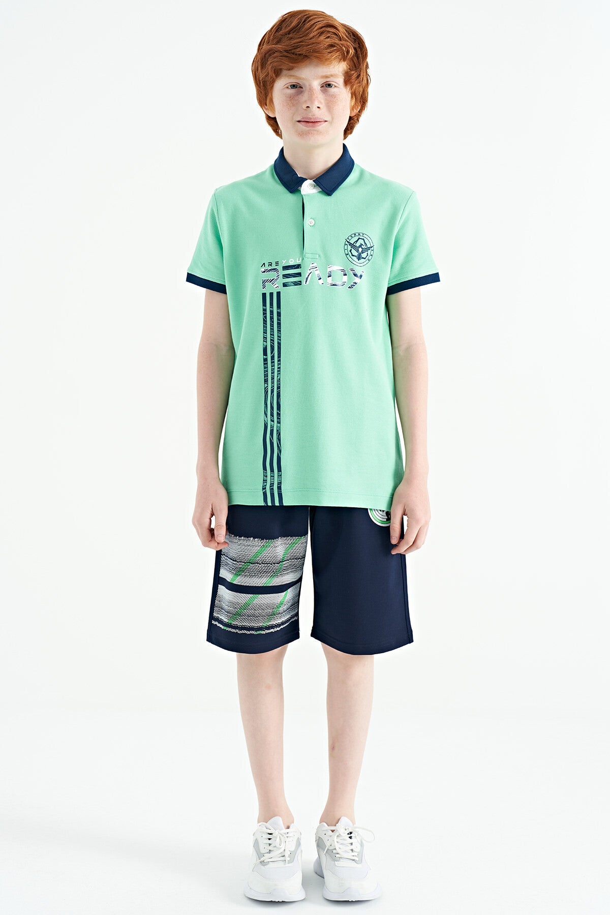Olive Green Printed Pattern Standard Fit Polo Collar Boys T-Shirt - 11143
