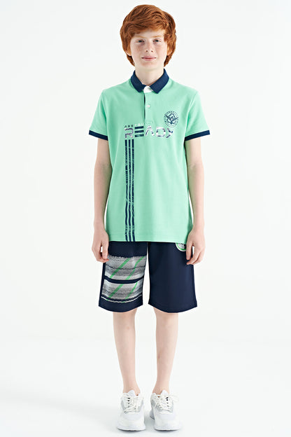 Olive Green Printed Pattern Standard Fit Polo Collar Boys T-Shirt - 11143