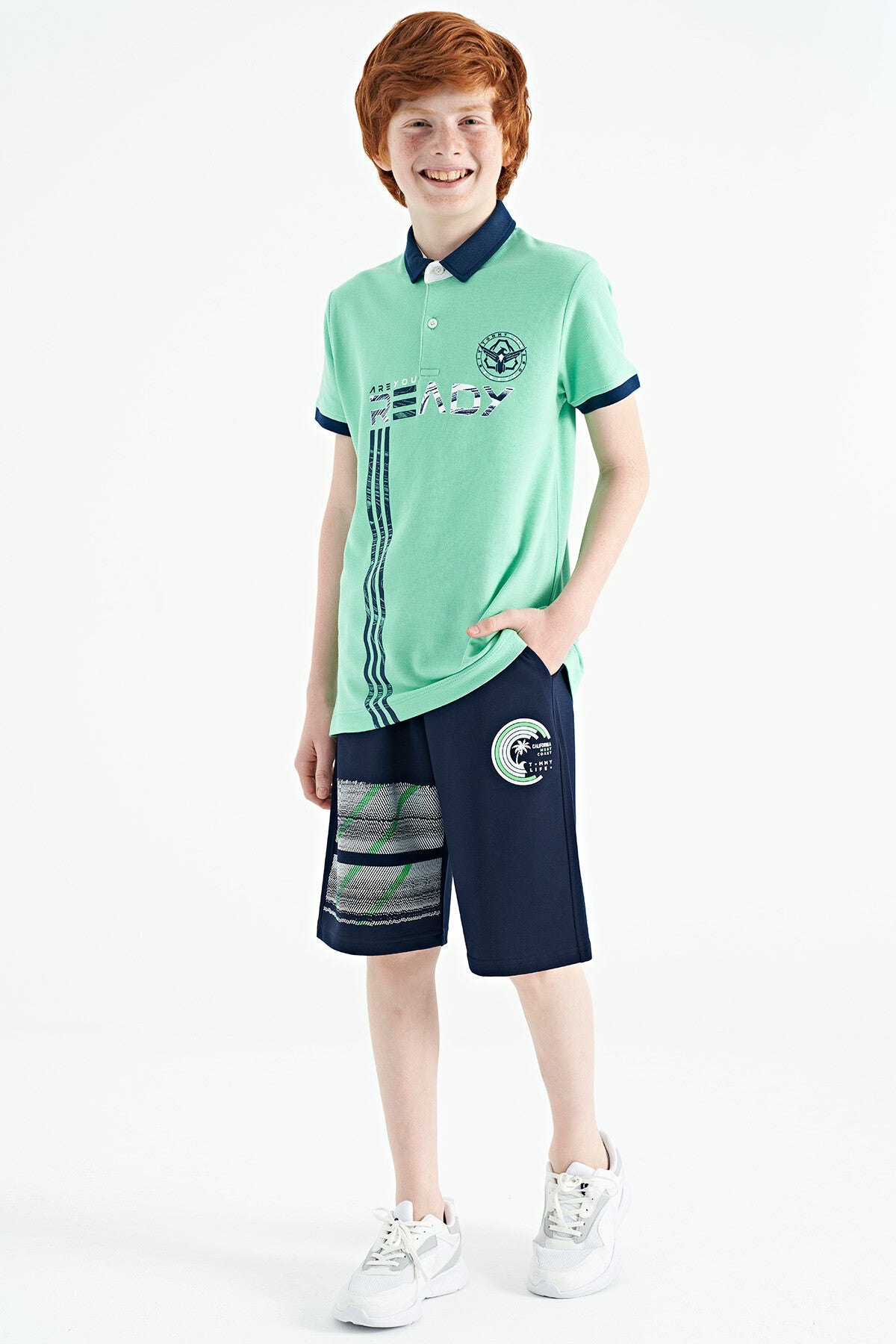 Olive Green Printed Pattern Standard Fit Polo Collar Boys T-Shirt - 11143