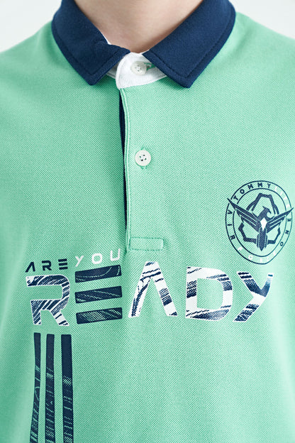 Olive Green Printed Pattern Standard Fit Polo Collar Boys T-Shirt - 11143