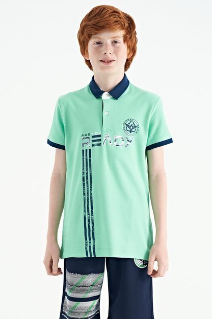 Olive Green Printed Pattern Standard Fit Polo Collar Boys T-Shirt - 11143