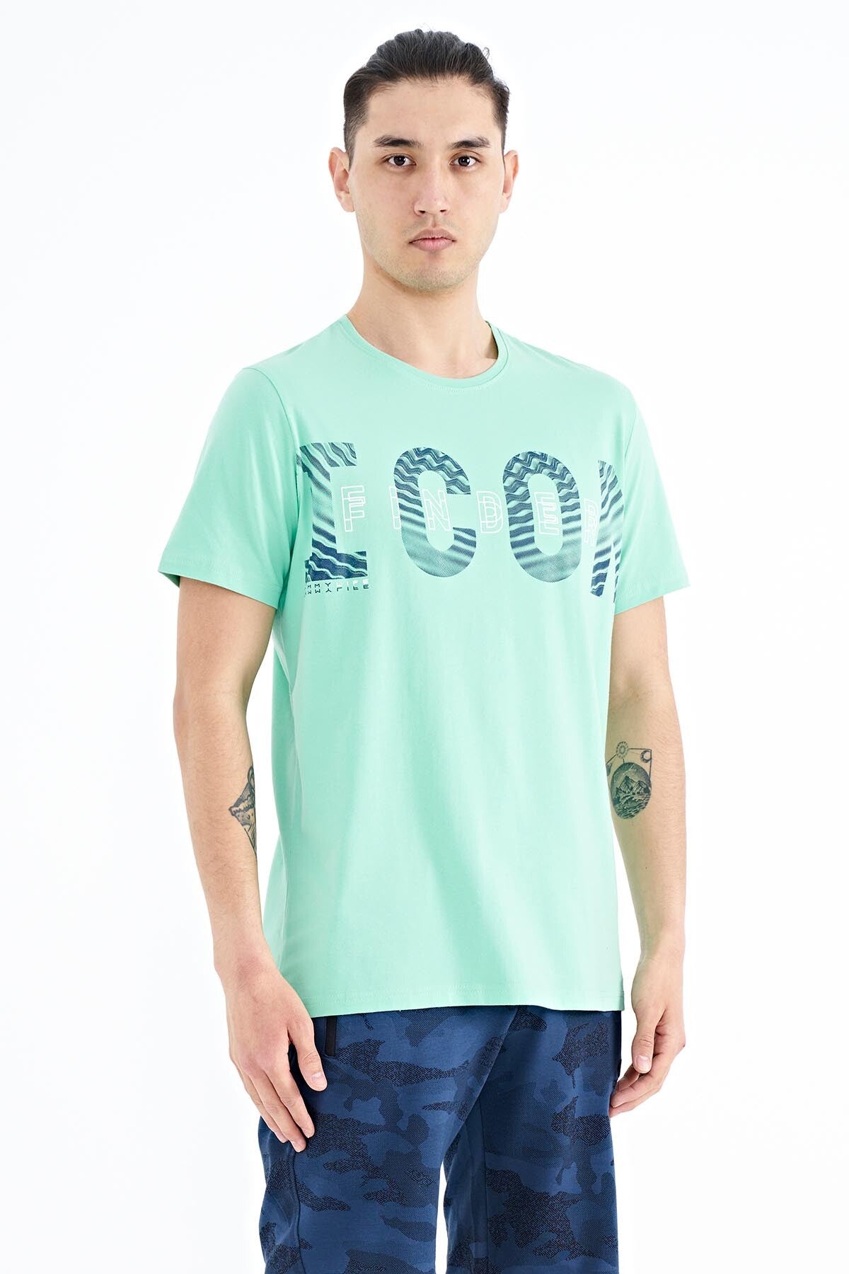 Olive Green Print Detailed O Collar Standard Cut Men's T-Shirt - 88187