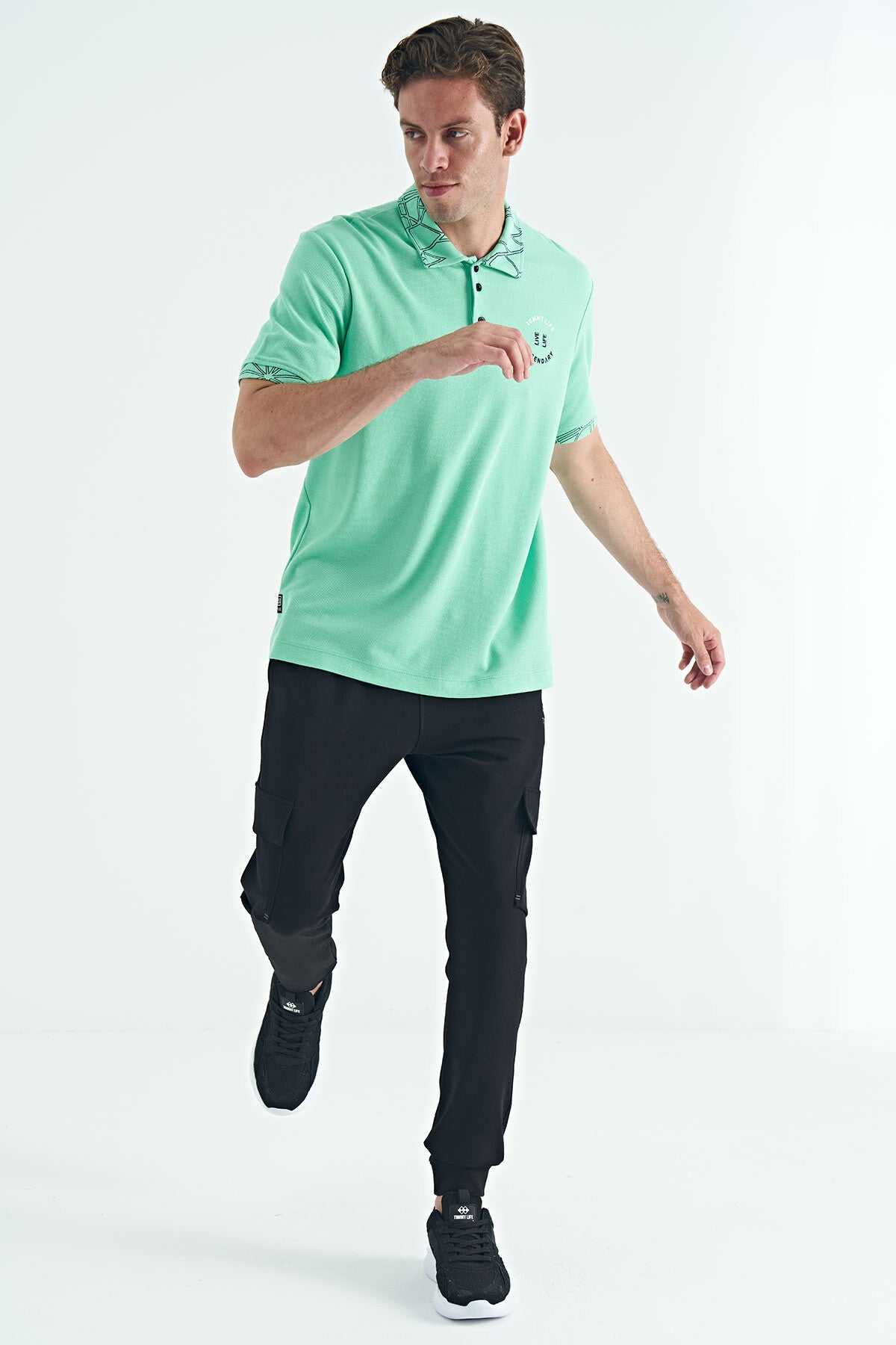 Embroidered Print Detailed Standard Cut Polo Collar Men's T-Shirt - 88239