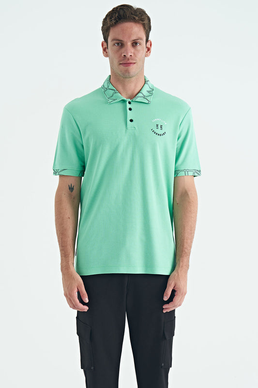 Embroidered Print Detailed Standard Cut Polo Collar Men's T-Shirt - 88239