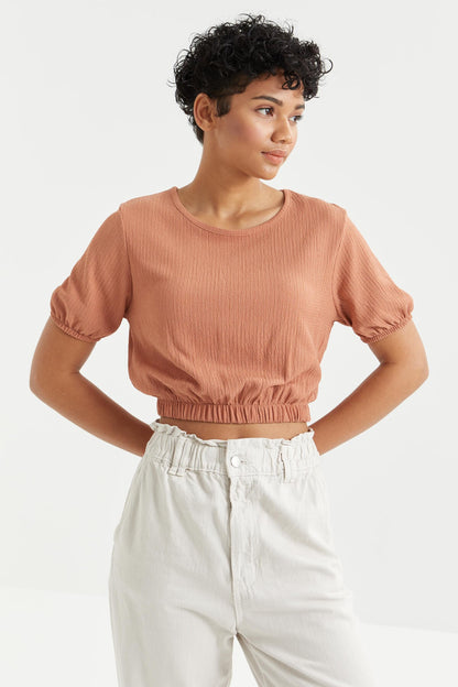 Cinnamon Balloon Sleeve O Neck Elastic Waist Crinkled Fabric Women's Crop Top T-Shirt - 97221