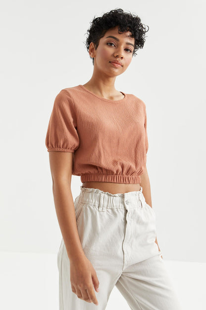 Cinnamon Balloon Sleeve O Neck Elastic Waist Crinkled Fabric Women's Crop Top T-Shirt - 97221