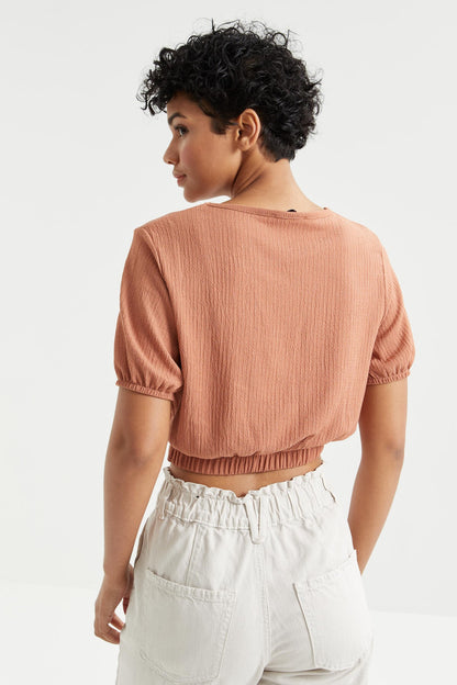 Cinnamon Balloon Sleeve O Neck Elastic Waist Crinkled Fabric Women's Crop Top T-Shirt - 97221