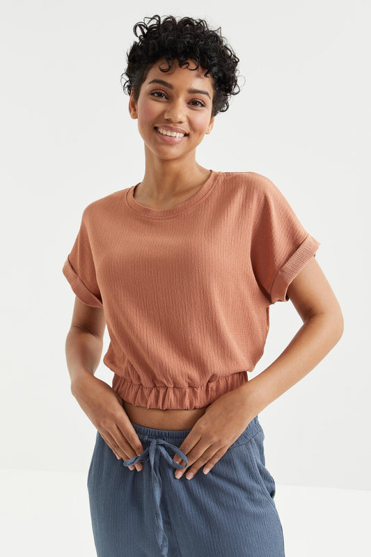 Cinnamon Basic O Collar Waist Elastic Crinkle Fabric Women's Crop Top T-Shirt - 97227