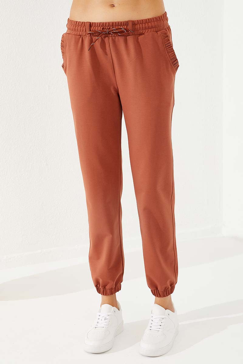 Cinnamon Pleated Pocket Comfort Fit Elastic Cuff Women's Tracksuit Bottom - 94580