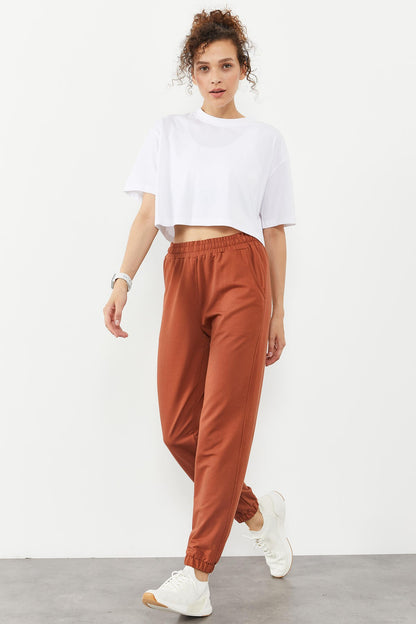 Cinnamon Pocket High Waist Comfort Fit Elastic Cuff Women's Tracksuit Bottom - 94583