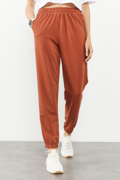 Cinnamon Pocket High Waist Comfort Fit Elastic Cuff Women's Tracksuit Bottom - 94583