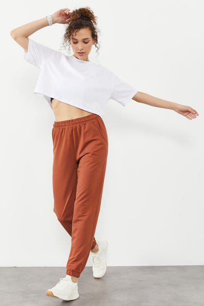 Cinnamon Pocket High Waist Comfort Fit Elastic Cuff Women's Tracksuit Bottom - 94583