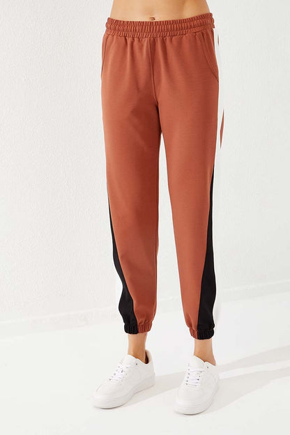 Cinnamon Two-Tone Striped Comfort Fit Elastic Cuff Women's Tracksuit Bottom - 94582
