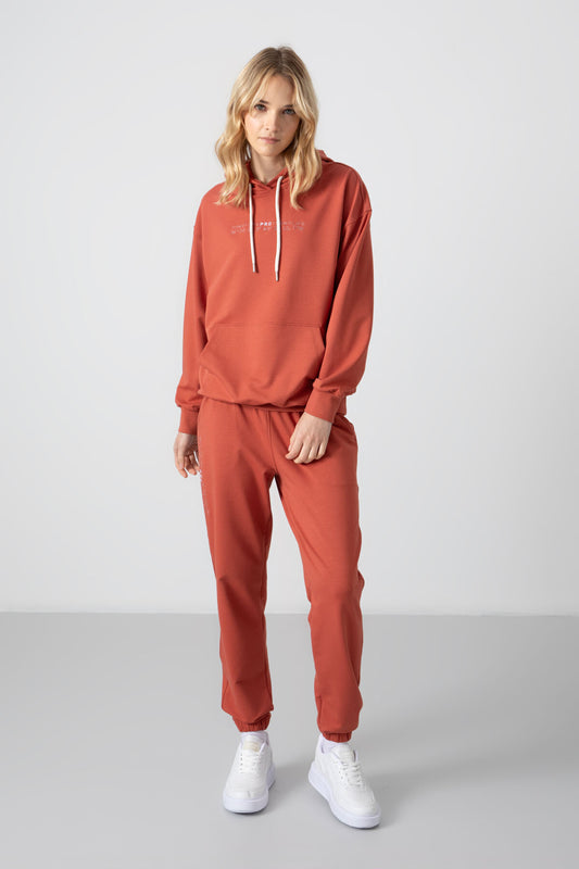 Cinnamon Hooded Kangaroo Pocket Oversize Elastic Cuff Women's Tracksuit Set - 95288