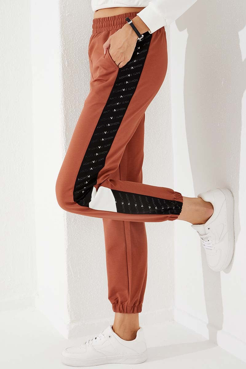 Cinnamon Dotted Striped Detailed Jogger Comfort Fit Elastic Cuff Women's Tracksuit Bottom - 94579