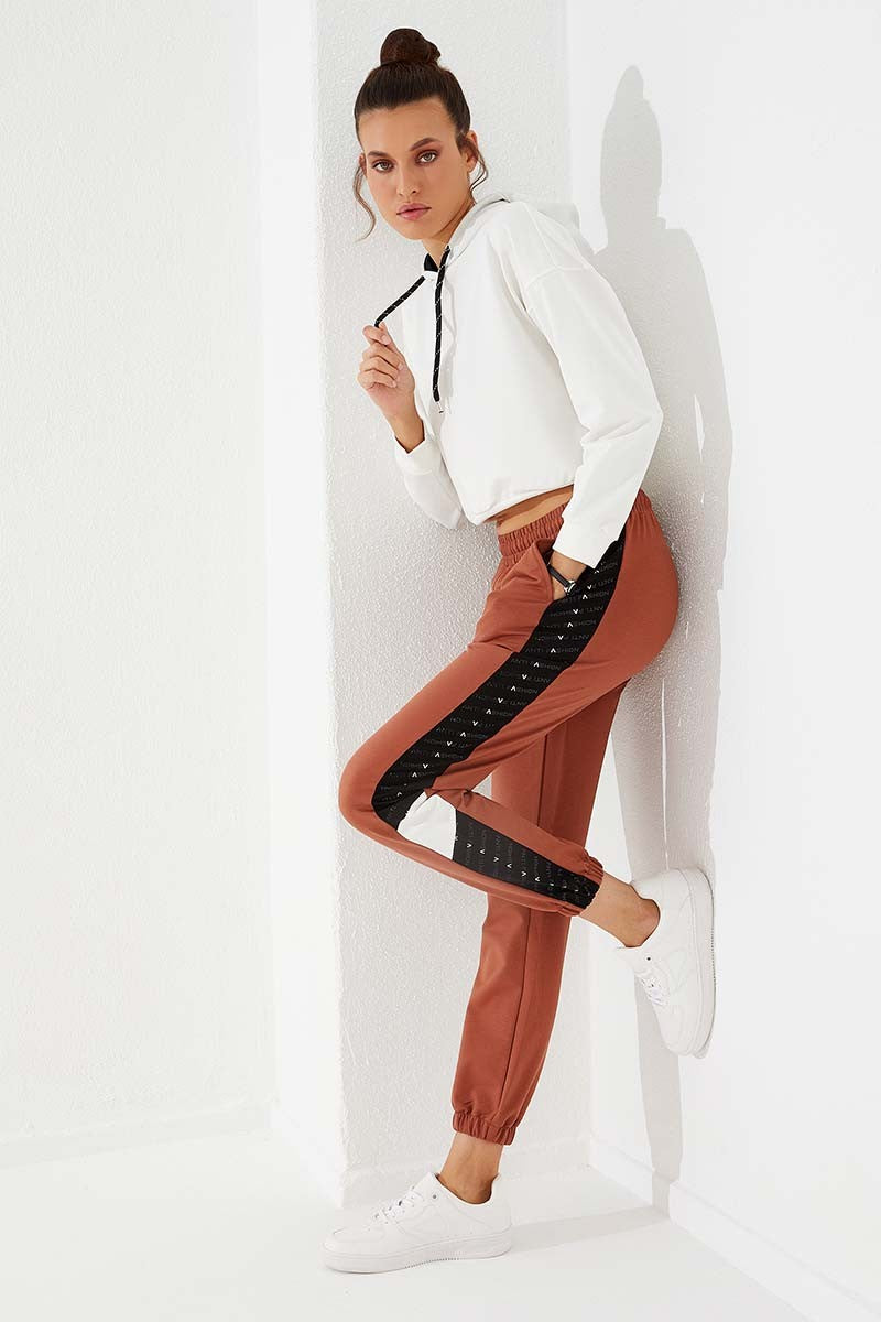 Cinnamon Dotted Striped Detailed Jogger Comfort Fit Elastic Cuff Women's Tracksuit Bottom - 94579