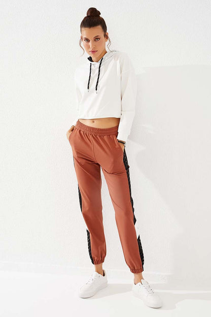 Cinnamon Dotted Striped Detailed Jogger Comfort Fit Elastic Cuff Women's Tracksuit Bottom - 94579