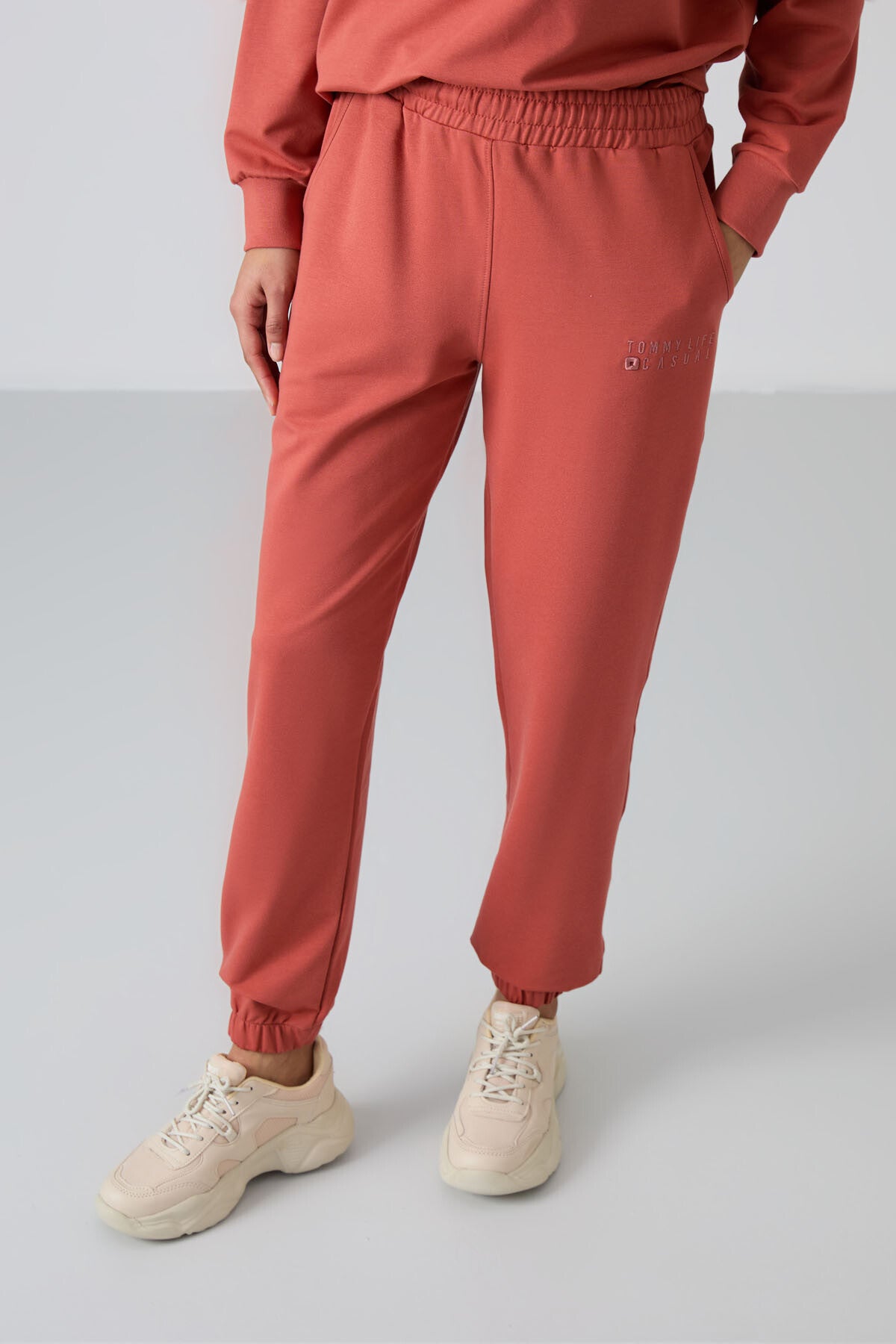 Cinnamon Basic Cotton O Neck Oversize Elastic Cuffed Women's Tracksuit Set - 95287