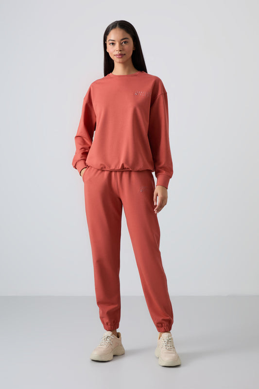 Cinnamon Basic Cotton O Neck Oversize Elastic Cuffed Women's Tracksuit Set - 95287