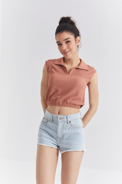 Cinnamon Polo Collar Elastic Waist Crinkle Fabric Women's Crop Top T-Shirt - 97223